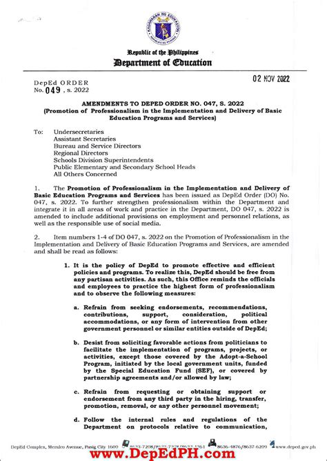 deped order 49 of 2022|DepEd Order 49 s 2022 Promotion of Professionalism in Education.